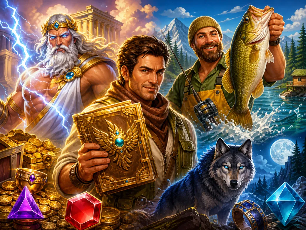 Illustration of vibrant slot game characters and worlds, featuring a rugged adventurer, mythological god, and expressive cart