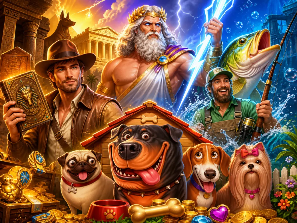 Illustration featuring colorful fantasy characters from different slot games set in a vibrant, imaginative game world